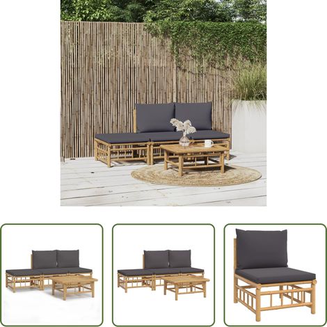 Bambusmöbel - 4-tlg. Garten-Lounge-Set mit Dunkelgrauen Kissen Bambus (1/5)