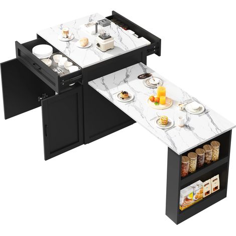 Ausziehbarer Stehtisch mit Stauraum (98-204×70×93,5cm), mit 2 Schublade und 2 Fächern, Kücheninsel-Ausziehtisch für 2-6 Personen, Küchen-Esswagen mit Seitenablagen,Schwarz