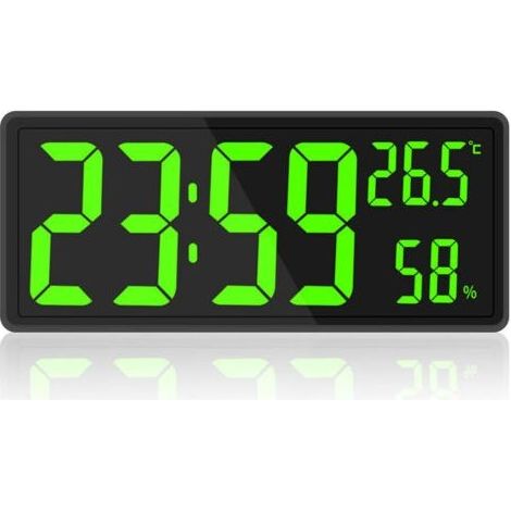 – Horloge numérique grand écran avec température et humidité – Affichage LED clair – Alimentation par câble USB – Luminosité réglable (1/5)