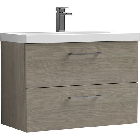 Balterley 800mm Wall Hung Bathroom 2 Drawer Vanity Unit and 1 Tap Hole Ceramic Basin, Woodgrain Mid Oak & Brushed Pewter Handles