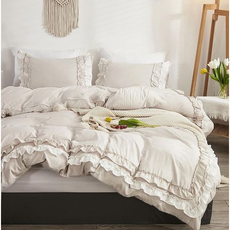 Parure de lit à volants khaki beige couleur unie double couche housse de couette à volants femmes filles douce microfibre lit double 200x200+2x80x80cm (1/5)