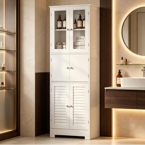 Hochschrank Bad mit 6 Türen, 2 Glastüren und 2 Schiebetüren, MDF Weiß, 60 x 30 x 170,5 cm (1/5)
