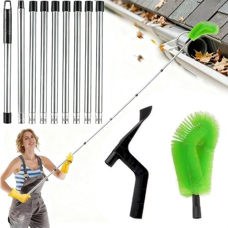 2 en 1 Nettoyeur Gouttiere,390cm Brosse de Gouttière avec Manche Télescopique et Brosse/Pelle,Nettoyeur de gouttières,Facile à Démonter, pour Nettoyer les Feuilles,les,Fenêtres,Lustres (1/5)