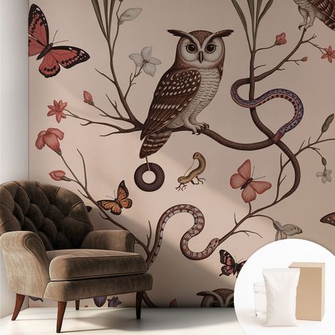 Tapete Vliestapete mit Kleber für Wohnzimmer Schlafzimmer Küche - Wanddekoration  Eule in der Natur 250x250 cm