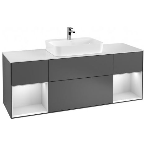 Finion, Meubles sous lavabo, 1600 x 603 x 501 mm, Angulaire,avec meuble étagère (éclairé), modèle suspendu, En bois, lavabo au milieu, éclairage LED, 2x LED / 2,3W, 2x LED / 4,2W, 2700 K à 6480 K, Peo