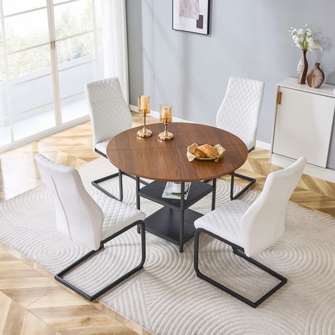 Ensemble table et chaises: table à manger ronde de 107 cm avec double niveau de rangement + 4 chaises de salle à manger blanches à motif losange, en MDF (panneau de fibres à densité moyenne) + métal, 