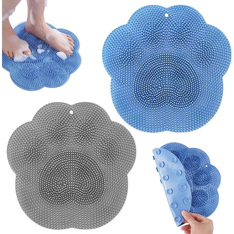 2 Pièces Tapis De Bain en Silicone, 28 × 28cm Brosse Pieds Douche, Tapis De Massage AntidéRapant en Silicone avec Ventouses Antidérapantes pour Masser Pieds, Exfoliant, Masse Votre Dos,Bleu + Gris (1/5)