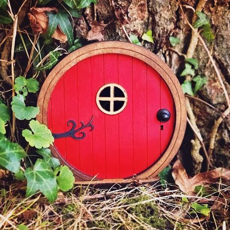 Puerta de hadas de madera, 10,5 x 10 cm, roja, para jardín y árbol. (1/5)