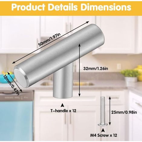 12 PCS Poignee de Meuble Cuisine Acier Inoxydable 5032mm Poignée Meuble T Bouton de Porte Argenté Boutons de Tiroir Monotrou en T Bouton de Meuble avec 12 Vis pour Armoire Porte Placard,Argent (1/4)