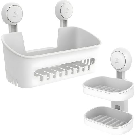 Organizador de ducha de doble capa con jabonera integrada, fijación mediante ventosa, instalación en 1 segundo, extraíble, soporta hasta 10 kg, almacenamiento de baño impermeable (1/5)