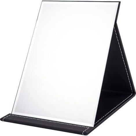 BelleRise - Faltbarer Kosmetikspiegel mit Ständer - Tragbarer Schminktisch aus PU-Leder für Reisen, Super HD Mehrfachwinkelverstellung - 21 x 15 cm (Schwarz) (1/5)