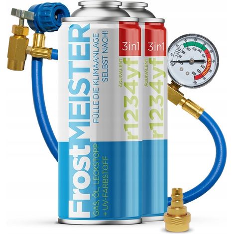 FROSTMEISTER 3en1 400ml - 2x Canette R1234yf + Tuyau avec manomètre + Adaptateur KIT CLIMATISATION EN LIBRE-SERVICE