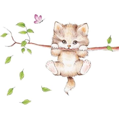 Adesivi murali con un simpatico gatto dei cartoni animati sui rami di un albero, adesivi murali rimovibili con gattini, decorazione murale.