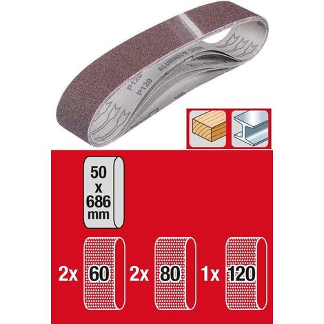 Jeu de 5 bandes abrasives 50x686 mm – Oxyde d'aluminium pour bois et métal – Longue durée de vie – Compatible ponceuses Einhell