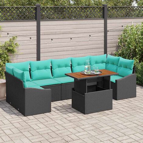 Salon de Jardin Modulable 8 Pièces Ensemble Canapé 7 Places Résine Tressée Noir et Turquoise - PANGIVO (1/5)