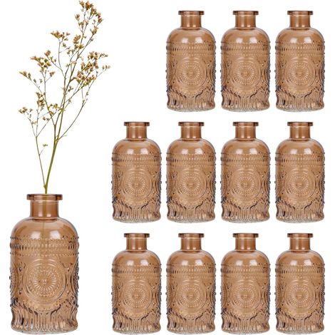 Vase en Verre, en Lot de 12, Design Vintage, décoration pour la Table, H x D : 13 x 6 cm, teinté Marron (1/5)
