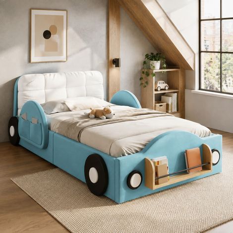 Boxspringbett 90x200 cm mit hydraulischem Stauraum, Seitentaschen und Bücherablage, blau HAVRYA (1/5)
