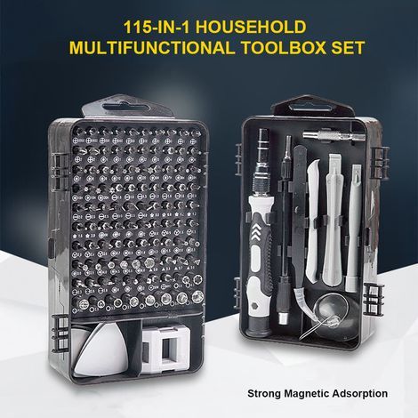 This 115-in-1 household tool kit contains 98 screwdriver bits and is a multifunctional tool suitable for repairing computer clocks and maintaining household appliances. (1/5)