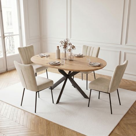 Ensemble de table à manger ronde extensible, plateau rond en MDF finition chêne (110-150 cm), style moderne et contemporain pour la salle à manger et la cuisine (4 chaises, velours, Beige)