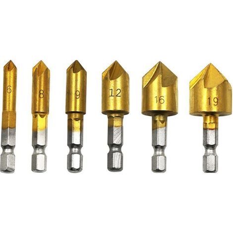 6Pcs HSS Fraise à Chanfreiner 90 Degrés 5 Flûte Fraises à Chanfreiner Trou Tailleur Titane Revêtu Fraise à Chanfreiner 1/4"Foret à Bois Queue Hexagonale 6mm 8mm 9mm 12mm 16mm 19mm Outil de Bricolage (1/5)