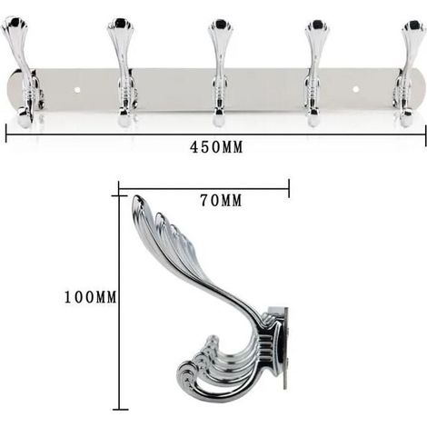 Gancho de baño de pared con 5 ganchos - acero inoxidable - plata - 45 x 7 x 10 cm (1/3)