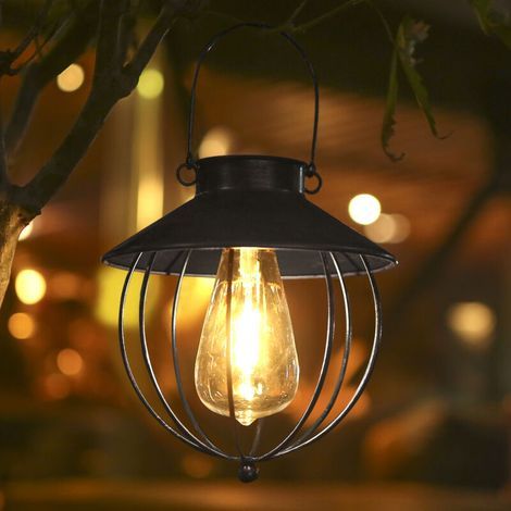 Lot de 2 lampes suspendues solaires vintage – IP65 – Contrôle lumière – Batterie 600 mAh intégrée – Noir – Parfaites pour pergola, tonnelle ou cabane jardin (1/5)