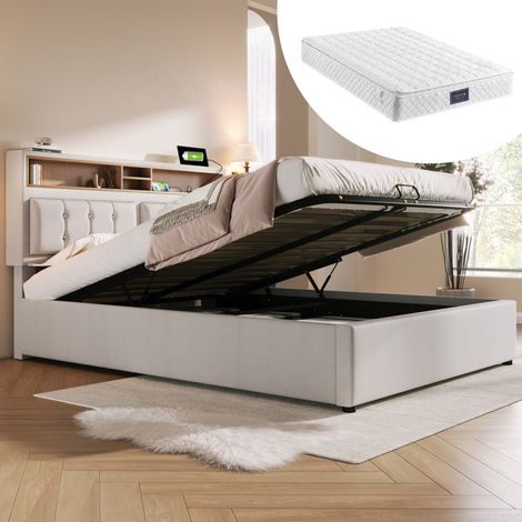 Cama con espacio de almacenamiento de lino beige 140x200 cm con somier, colchón, cabecero ajustable y USB (1/5)