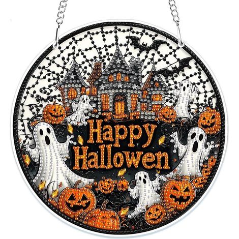 Halloween Diamond Painting Anhänger, Fensterbild Kürbis Schloss Geister, Bastelset für Kinder & Erwachsene