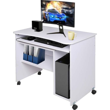 Scrivania con Ripiano Estraibile 93x48x76 cm con Ruote in MDF Bianco (1/4)