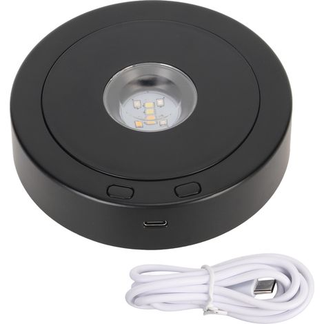 Socle rotatif LED noir 360° 80s, cercle lumineux, alimentation par batterie ou USB, présentoir tournant pour cristaux et verre. (1/5)
