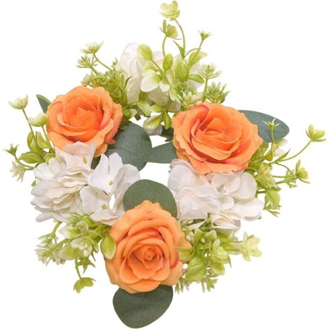 Couronne De Bougies - Hydrangea Et Rose Artificielles - Pour Décoration De Table Porte Ou Mur - Diamètre 20 Cm - Orange - 1 Pièce (1/5)