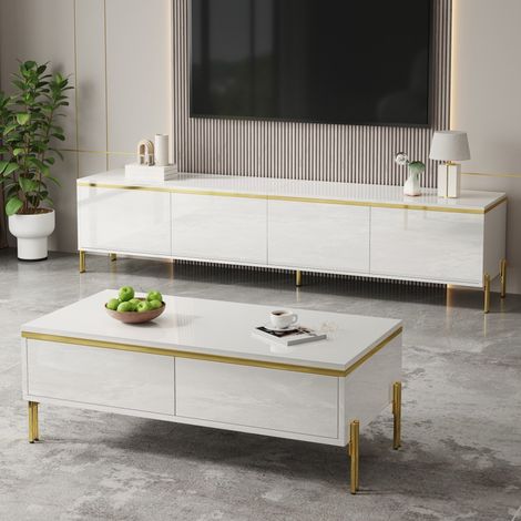 Set mobile TV e tavolino bianchi lucidi, con spazio contenitivo, HAVRYA