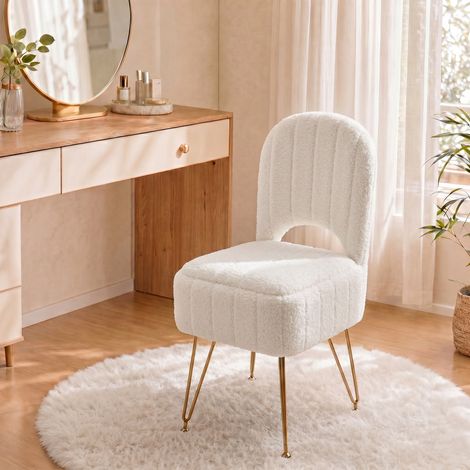 Tabouret de coiffeuse rembourré avec dossier rabattable et coffre de rangement – Pouf carré vanity, tissu bouclé peluche, pieds métal – Blanc, Small, Peluche fleece (1/5)