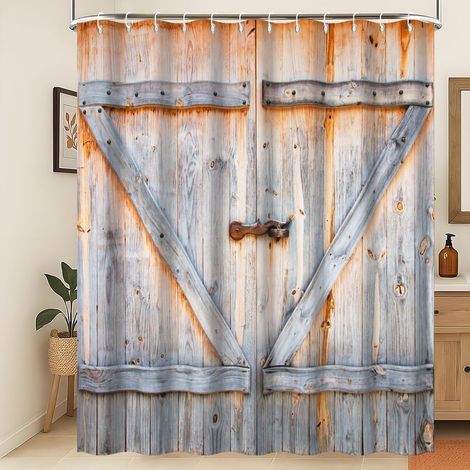 Rideau de Douche Rustique Rideau de Douche Porte de Garage en Bois Pays Occidental Ferme Image d'art imperméable à l'eau Rideau de Douche Lavable en Machine Décoration 180x220cm (1/5)
