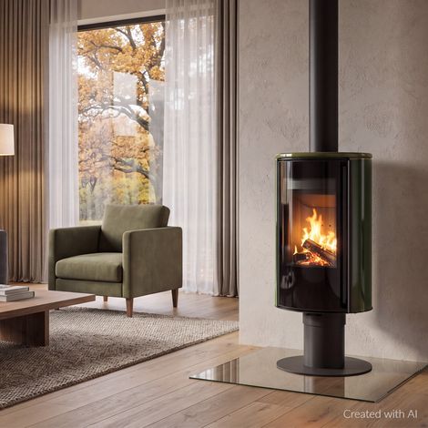 Freistehender Kaminofen mit Sockel ERIK/N/O 5,5 kW 150 cm, grüne Kachel, Kachelabdeckung, schwarz Verkleidung (1/5)