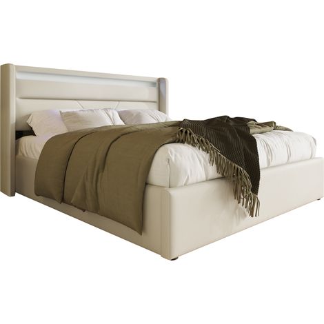 Lit Coffre Lit Double avec LED Réglable et Télécommande, 160 x 200 cm, sans Matelas, Blanc (1/5)