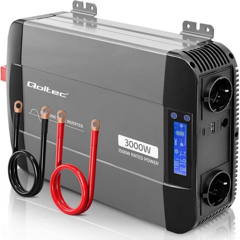 Convertidor de voltaje de onda sinusoidal pura Qoltec  12V a 230V  1500/3000W  LCD  USB  USB-C  Compatible con LiFePO4 GEL