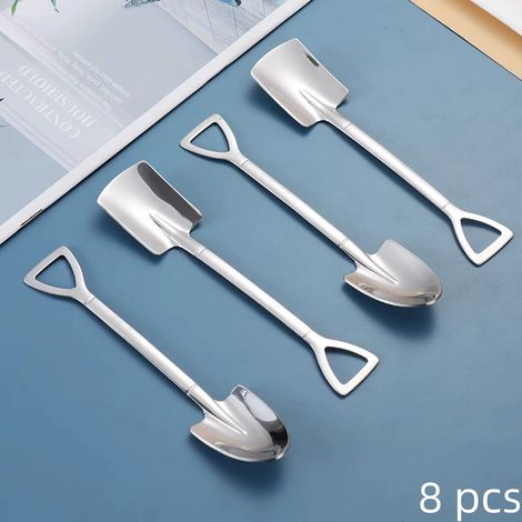 8pcs cuillères à pelle en acier inoxydable 304 - En forme de pelle - Cuillère à café - Cuillère à pastèque - Thé au lait - Cuillère à dessert (argenté