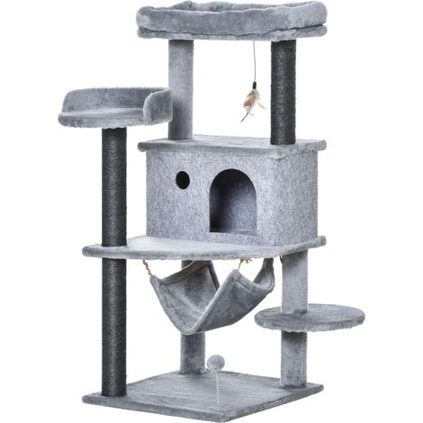 Arbre à chat avec poteau, maisonnette, panier, hamac et 2 jouets en bois et peluche, 48 x 48 x 107 cm, gris (1/5)