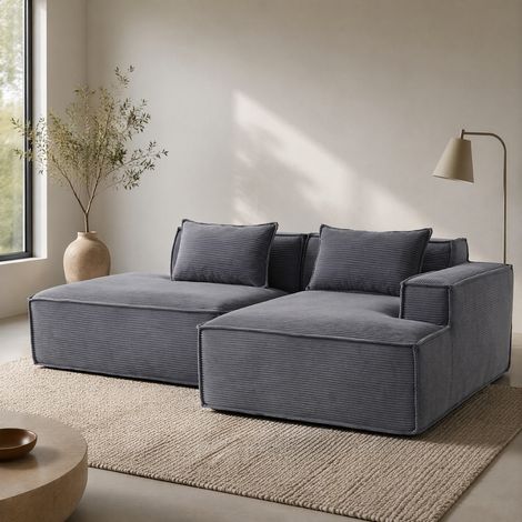 Divano angolare in tessuto grigio 233 x 129 x 70 cm, con 2 cuscini e molle, REDOM (1/5)