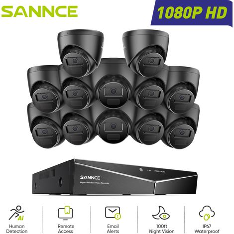 SANNCE 1080P Kit Cámaras de Vigilancia Exterior con 12 Cámaras 2MP Cable Sistema Cámara de Seguridad Visión Nocturna Acceso Remoto (1/5)