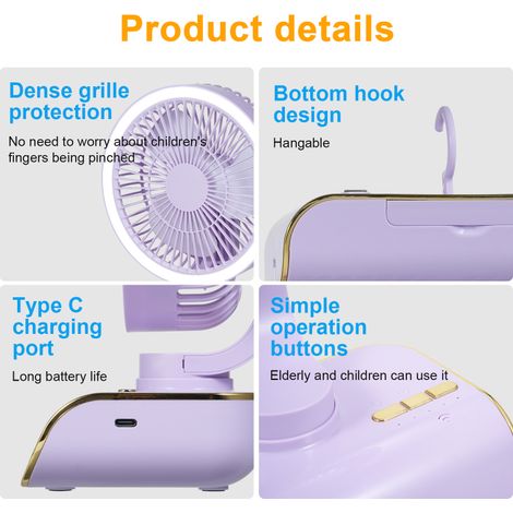 Ventilateur de bureau multifonction rechargeable par USB, automatique, avec éclairage d'ambiance, 5 vitesses, télécommande et base pouvant servir de support pour téléphone portable. Vert. (1/5)
