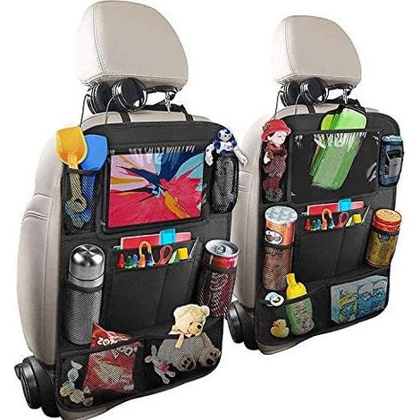 Lot de 2 Housses de Siège de Voiture, Organisateur de Siège Arrière pour Enfants, Compartiment pour Ipad/Tablette, Protection Arrière de Tapis, Imperméable (Noir) (1/5)