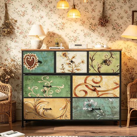 Cómoda vintage de estilo rústico con nueve cajones - Diseños florales y de vinilo pintados a mano - Amplio espacio de almacenamiento oculto - Ideal para dormitorios, salas de estar y pasillos