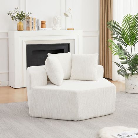 Canapé lounge modulable 1 place de forme hexagonale avec 3 coussins, assise en mousse et ressorts, revêtement en chenille bouclée beige (1/5)