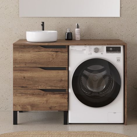 Meuble lave linge 124cm avec plateau et vasque ronde - sans miroir - 3 tiroirs - tabacco (chêne foncé) - SANTA (1/5)