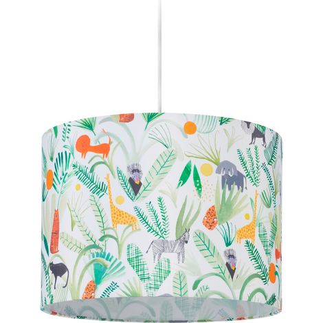 Relaxdays Hängelampe Kinderzimmer, Lampenschirm mit Dschungel-Motiv, HxD: 140x35 cm, E27, Pendelleuchte für Kinder, bunt