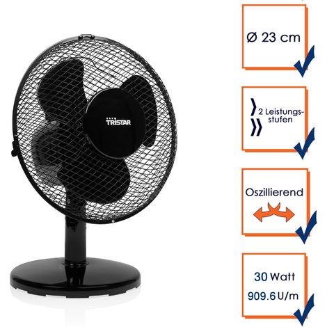 Tischventilator Schwarz Ø 23cm 2-Stufen, 909,6m³/Std. Oszillierend