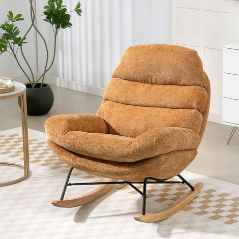 Fauteuil à bascule jaune, rembourré avec pieds en acier et patins en bois, pour salon ou chambre (1/5)