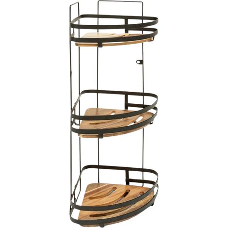 5Five Simply Smart – Étagère de douche 3 niveaux – Fixation sans perçage – Acier inoxydable et acacia certifié FSC – Dimensions 23,5 x 19,5 x 55 cm (1/4)